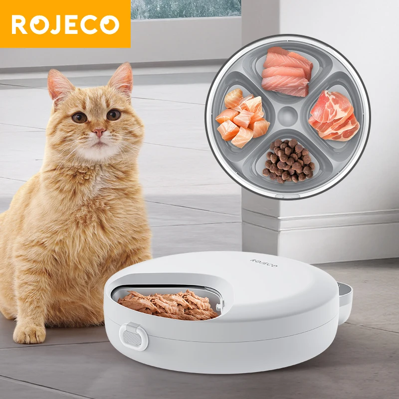 ROJECO 4-Mahlzeiten kabelloser automatischer Katzenfutterspender für nasse und trockene Fütterung, Futterspender für Katzen und Hunde, multifunktionaler intelligenter Futterspender für Haustiere Image