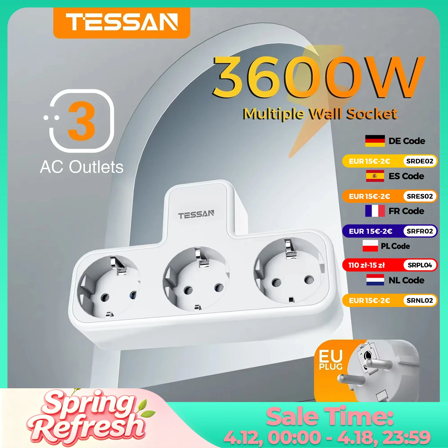 TESSAN Mehrere Steckdosen mit 3 AC-Steckdosen, Ladeanschlüssen, EU-Stecker, Wandsteckdosenleiste mit Überlastschutz, 3fach Stecker Eu Image