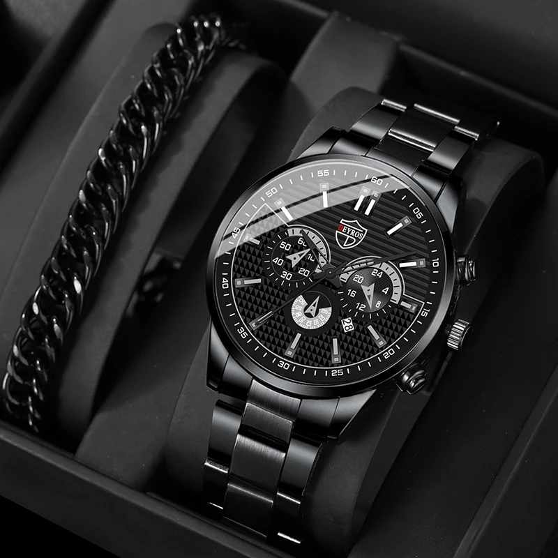 2 stücke Mode Für Männer Casual Business Sport Edelstahl Quarz Armbanduhr Kalender Männlich Klassische Armband Set Image