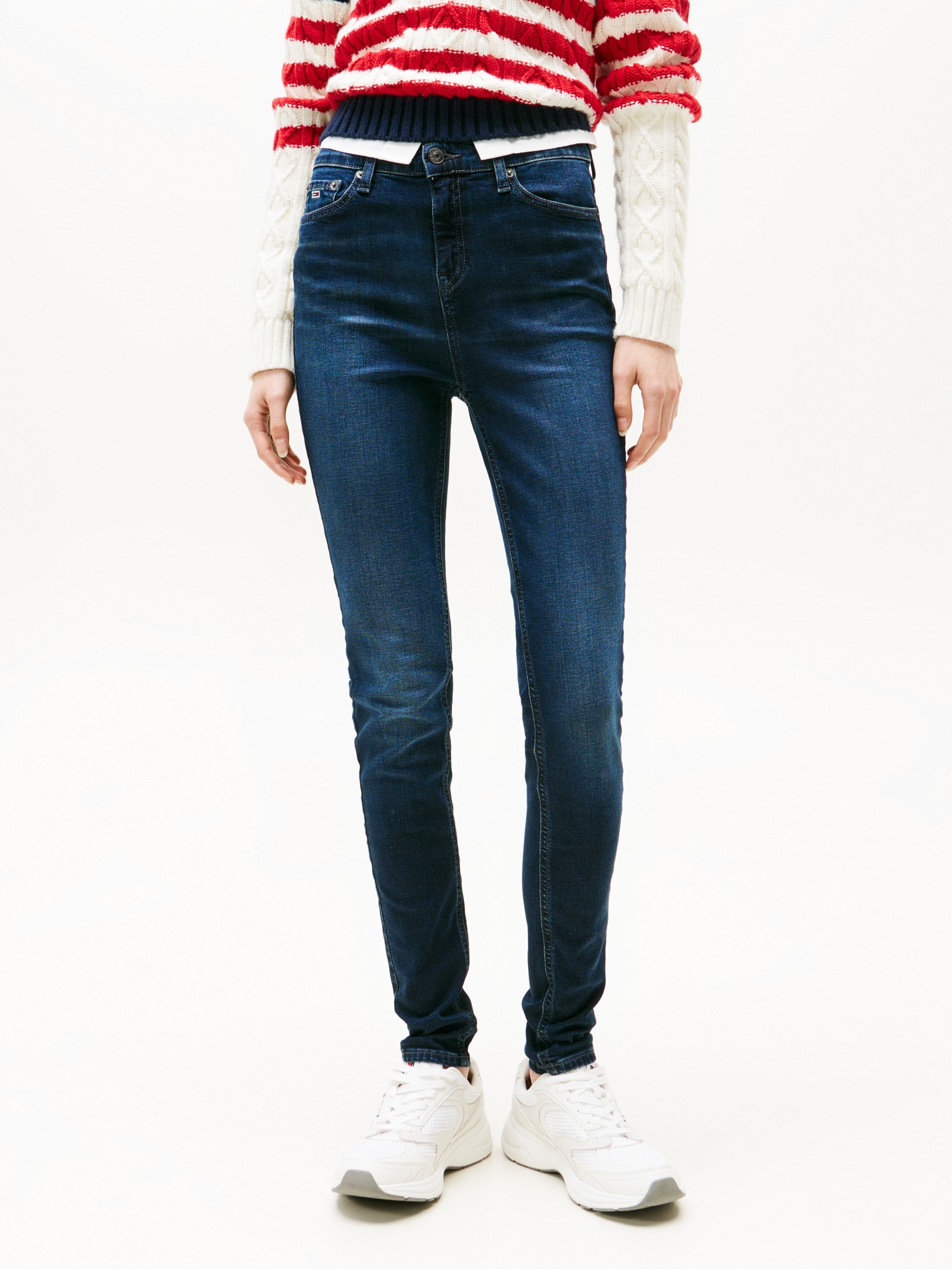 Skinny-fit-Jeans TOMMY JEANS "Nora Mid Rise Skinny Fit", Damen, Gr. 24, Länge 28, blau (denim schwarz), Denim/Jeans, Obermaterial: 98% Baumwolle, 2% Elasthan, unifarben, skinny fit, Jeans, Im 5-Pocket_Style