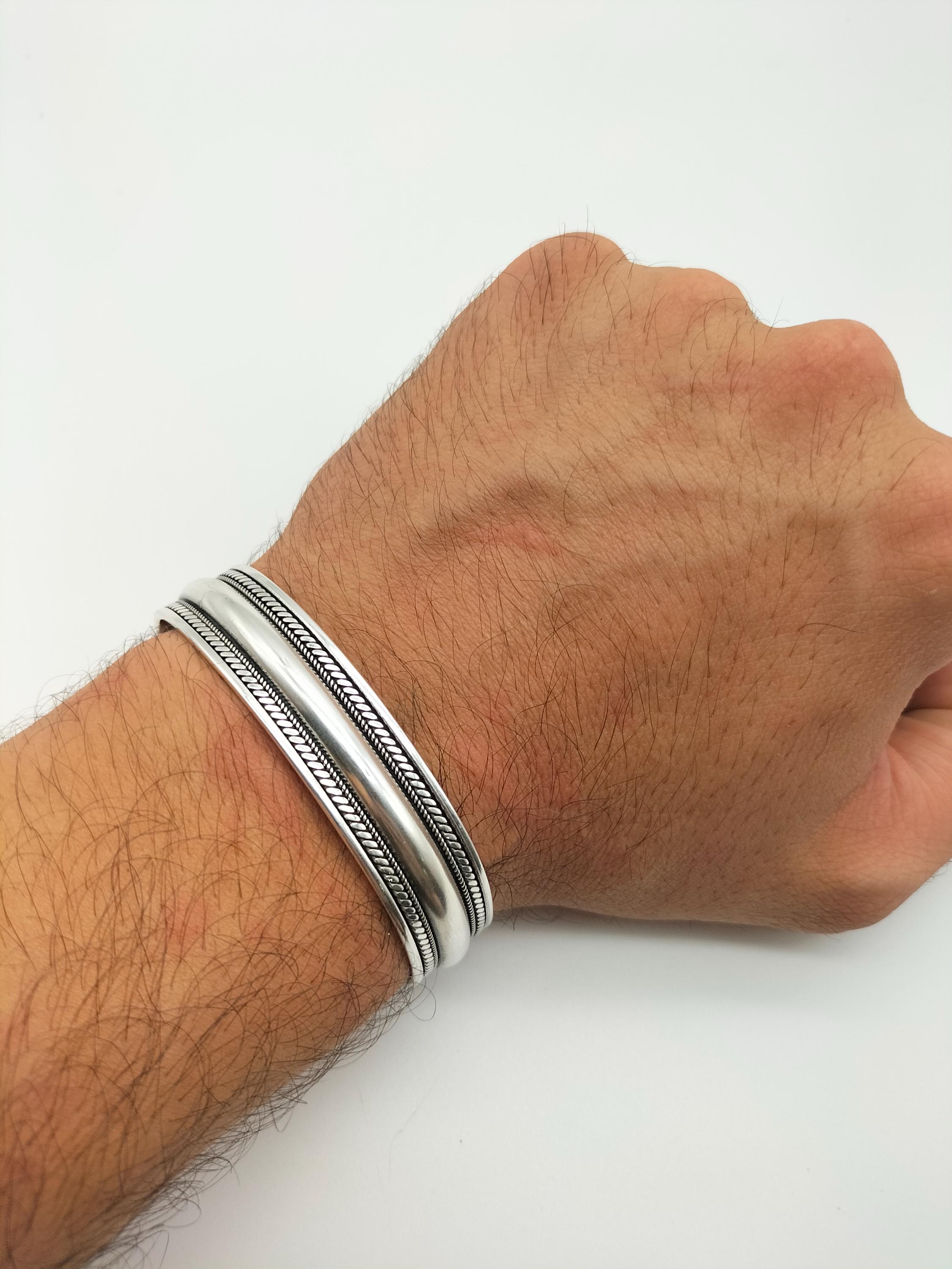 Bracciale da uomo in argento fatto a mano, bracciale regolabile in argento sterling 925, bracciale rigido in argento, bracciale in argento massiccio,