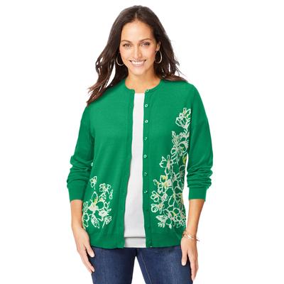 Plus Size Women's Fine Gauge Cardigan by Jessica London in Kelly Green Flower (Size 34/36) Sweater