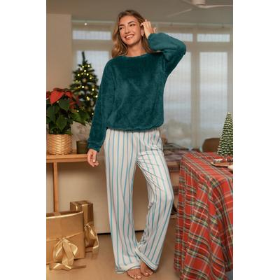 Green Fuzzy Knit Sweater & Striped Pants Pajama Set