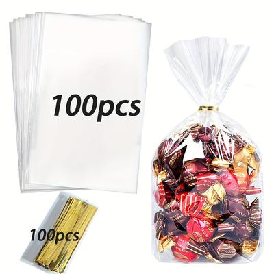 TEMU 100pcs Clear Gift Bags, Transparent Plastic Packaging Bags With Twist Ties, Ideal For Home Parties, Holiday Favors, Birthday Celebrations, Gift Packaging|twist Tie Design|clear Plastic Bags Image
