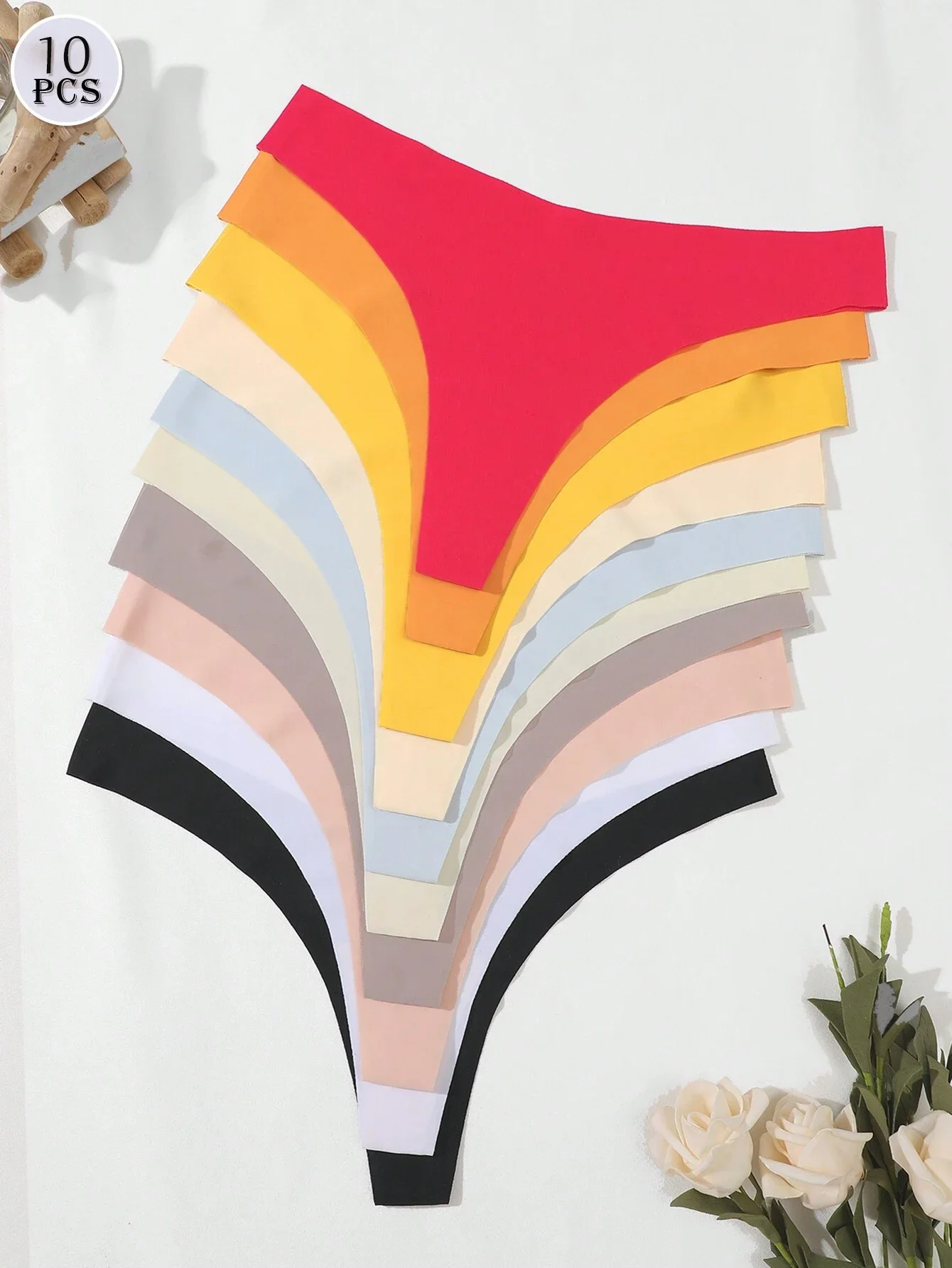 FINETOO 10 Stück nahtloser Tanga für Damen, Eisseide, T-Rücken, intim, solide, atmungsaktive Schritt-Slips, sexy Tanga, mehrere 10-Farben-Dessous Image