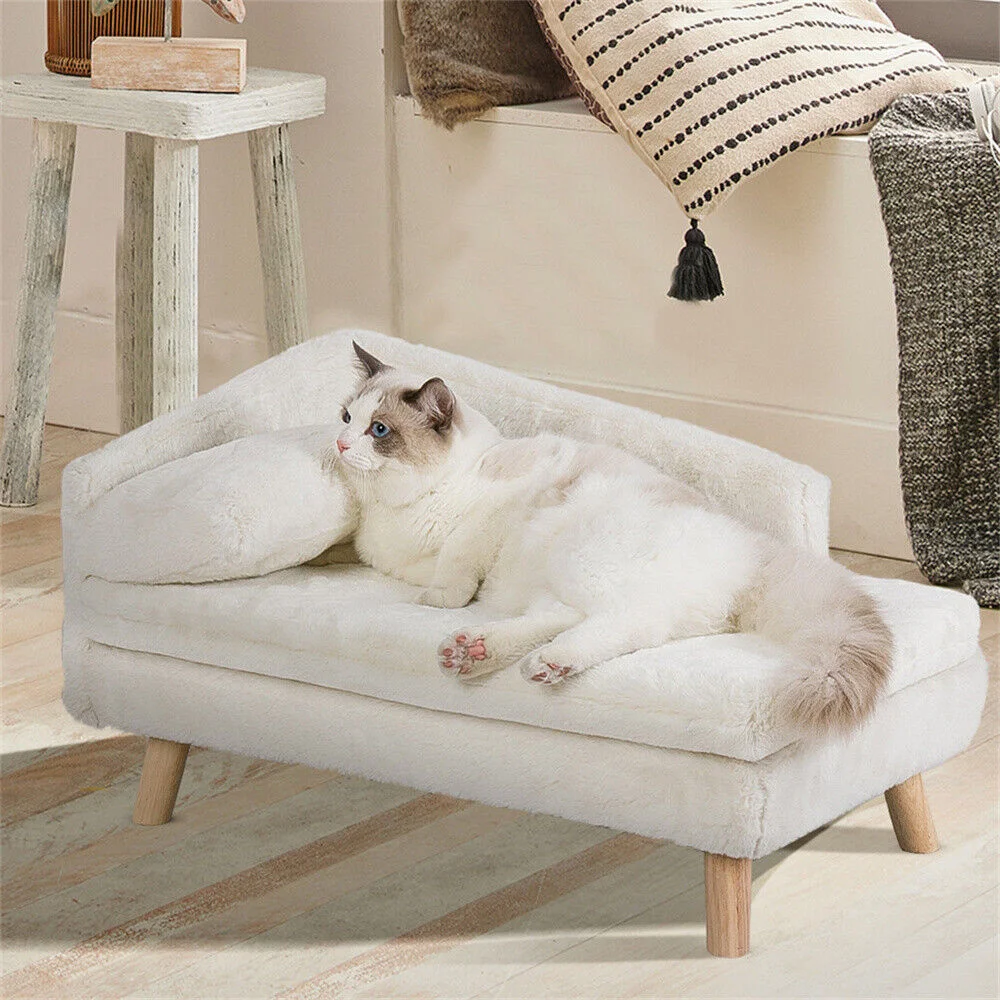 Luxuriöses erhöhtes Hundeschlafsofa mit Rückenlehne, Plüschkissen, Holzbeine, erhöhtes Hundebett, Liegestuhl für kleine, mittelgroße Hunde und Katzen Image