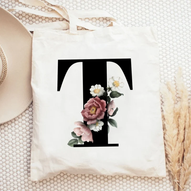 Nette Blumen Buchstaben Alphabet Neue Weibliche Handtaschen Mode Handtasche Leinwand Tasche Damen Casual Schulter Tasche Wiederverwendbare Einkaufstaschen