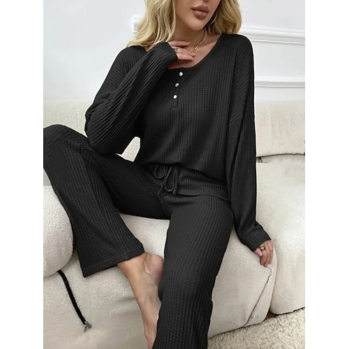 Damen Schlafanzug Hausanzug 2 Stück Brautkleider schlicht Einfarbig Patchwork Knopf T Shirt Hose Heim Langarm U-Ausschnitt Schwarz Rosa Hellgrau Frühling Herbst Winter Reguläre Passform Image