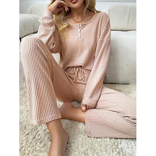 Damen Schlafanzug Hausanzug 2 Stück Brautkleider schlicht Einfarbig Patchwork Knopf T Shirt Hose Heim Langarm U-Ausschnitt Schwarz Rosa Hellgrau Frühling Herbst Winter Reguläre Passform Image