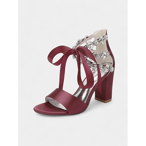 beigefarbene Satin-Sandalen mit offenem Zehenbereich und Blockabsatz und Kristallverzierung – Damenschuhe für Hochzeit und Cocktail Image