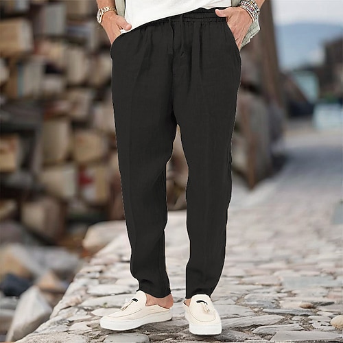Herren Leinenhose Hose Hosen Sommerhosen Kordelzug Elastische Taille Gerade geschnitten Glatt Komfort Atmungsaktiv In voller Länge Casual Täglich Festtage Klassicher Stil Retro Vintage Schwarz Weiß Image