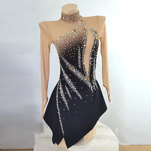 Eiskunstlaufkleid Damen Mädchen Eislaufen Kleid Schwarz Daumenloch Offener Rücken Netzstoff Hohe Elastizität Training Wettbewerb Eiskunstlaufkleidung Klassisch Kristall / Strass Langarm Eislaufen Image