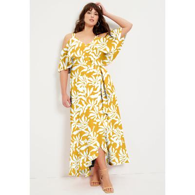 Plus Size Women's Cold-Shoulder Faux-Wrap Maxi Dress by June+Vie in Pressed Leaf Yellow (Size 10/12)