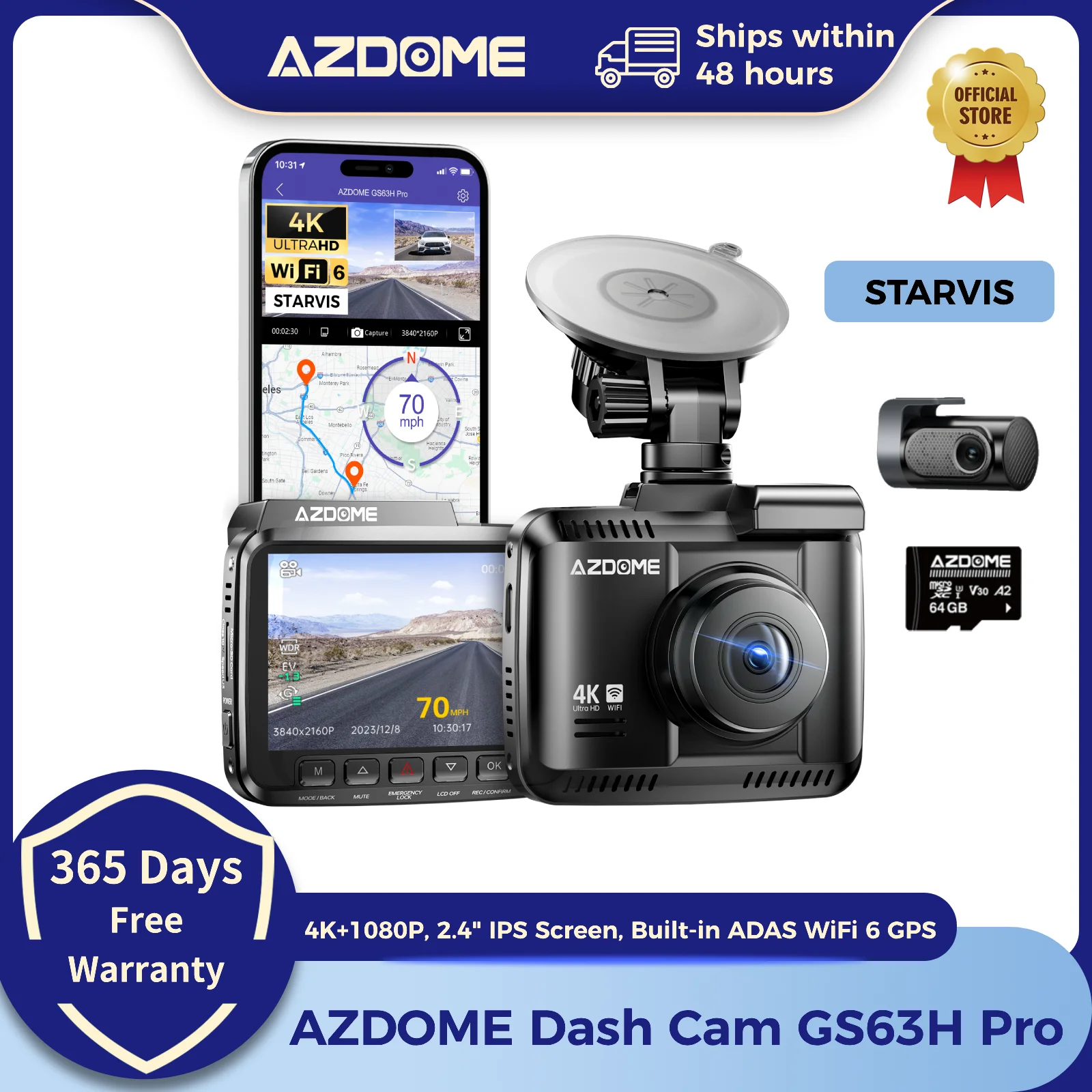 AZDOME Dashcam GS63H Pro 4K + 1080P 2,4-Zoll-IPS-Bildschirm 150 ° FOV Integrierter ADAS WiFi 6 GPS Auto DVR G-Sensor 24H Parkmonitor Camare Image
