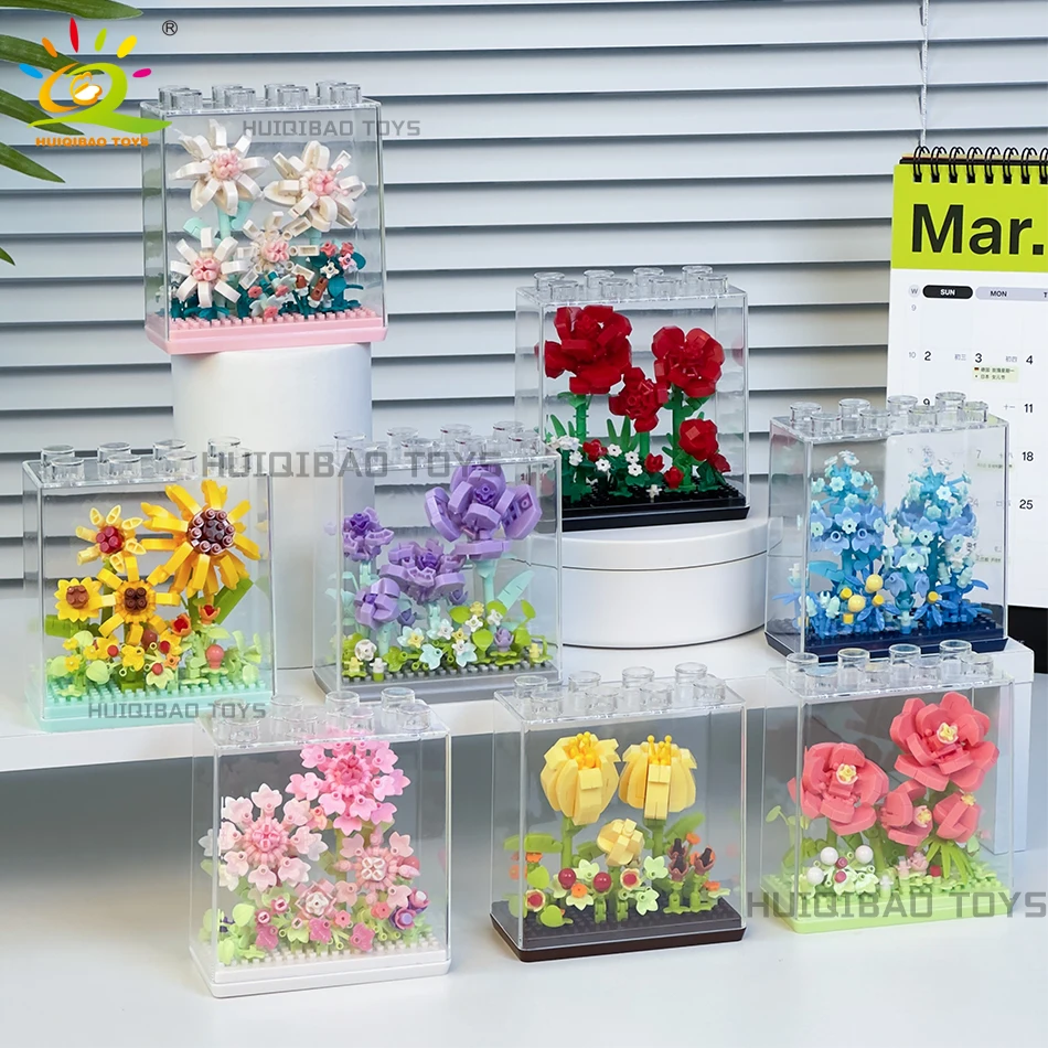 HUIQIBAO MOC Bouquet Sonnenblume Topfpflanze Micro Bausteine Ewige Blume Modell DIY Hause Schreibtisch Dekoration Ziegel Spielzeug Geschenk Image