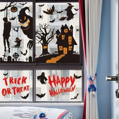 Halloween Wanda uf kleber Riesen gruselige Monster Silhouette Fenster Aufkleber niedlichen Kürbis Geist Doppel tapete Halloween Dekoration Image