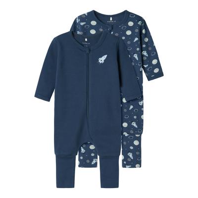 Schlafanzug NAME IT "NBMNIGHTSUIT 2P ZIP FF DARK SPACE NOOS", Kinder, Gr. 50, blau (schwarz denim), Jersey, Obermaterial: 100% Baumwolle, bedruckt, casual, regular fit normal, Rundhals, Langarm eingefasste Kante, Homewear-Sets, bequeme Overalls:... Image