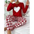 Per donna Set pigiama Informale Comoda Conforto Con cuori Griglia / Scacchi maglietta Pantalone Interni Manica lunga Girocollo Rosso Primavera Autunno Inverno