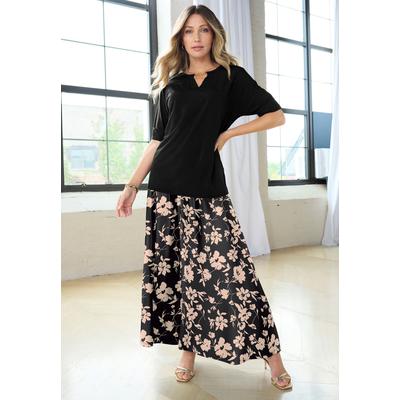 Plus Size Women's Ultrasmooth® Fabric Maxi Skirt by Roaman's in Black Khaki Flowers (Size 18/20) Stretch Jersey Long Length