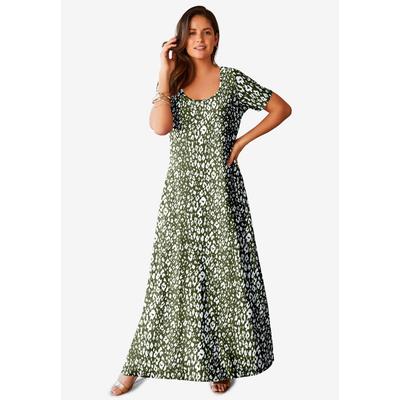 Plus Size Women's Stretch Cotton T-Shirt Maxi Dress by Jessica London in Olive Green Cheetah (Size 26)