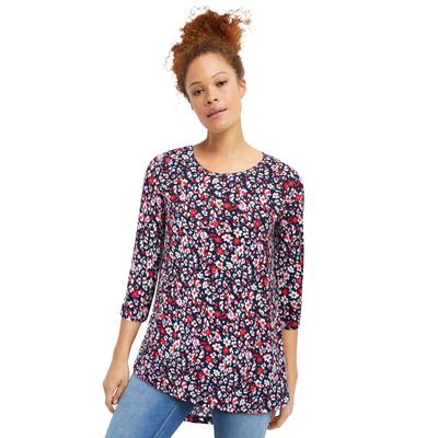 Plus Size Women's Three-Quarter Sleeve Curved Hem Tunic by ellos in Navy Red Ditsy Floral (Size 18/20)