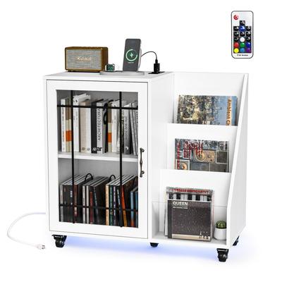 Record Player Stand Storage with LED Lights ＆ Charging Station