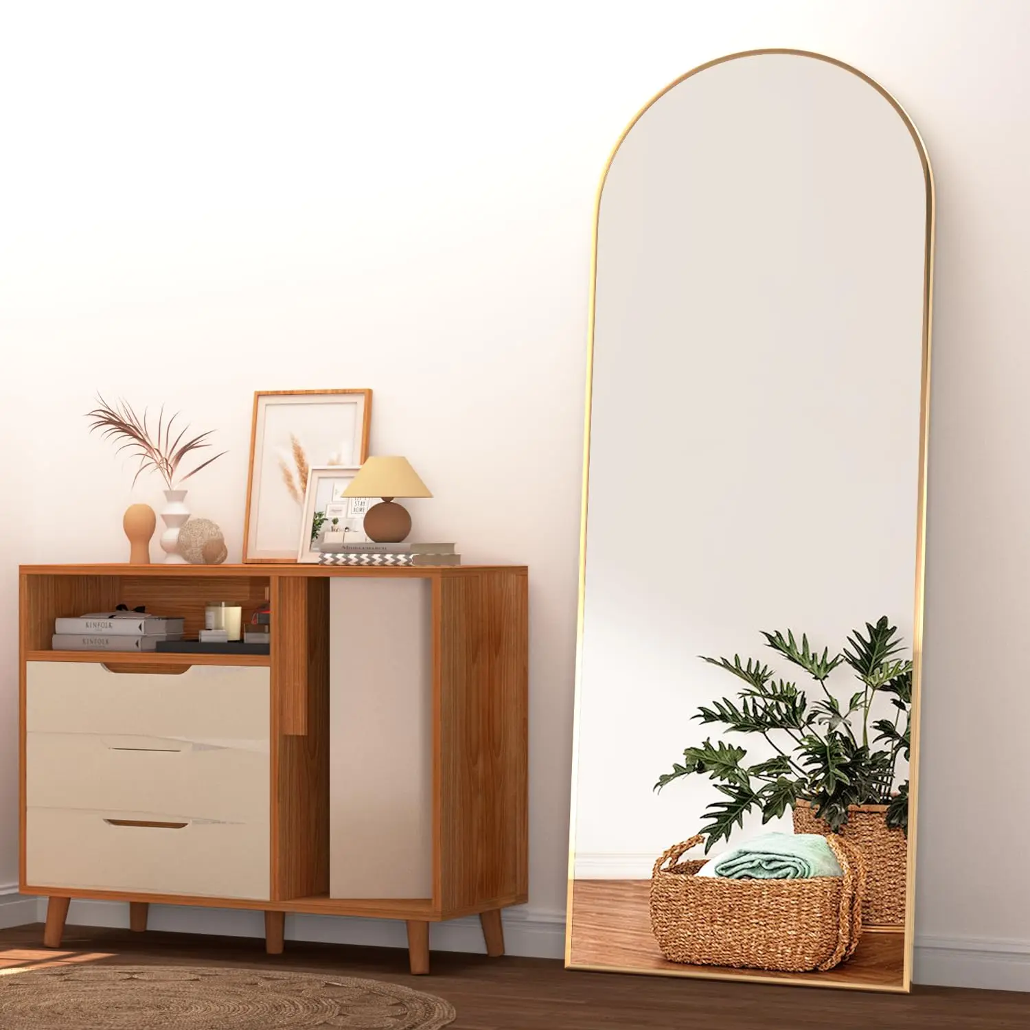 CASSILANDO Bogenförmiger Ganzkörperspiegel 162*53cm, Standspiegel, Einzigartiger Vertikalspiegel, Spiegel mit Goldmetallrahmen
