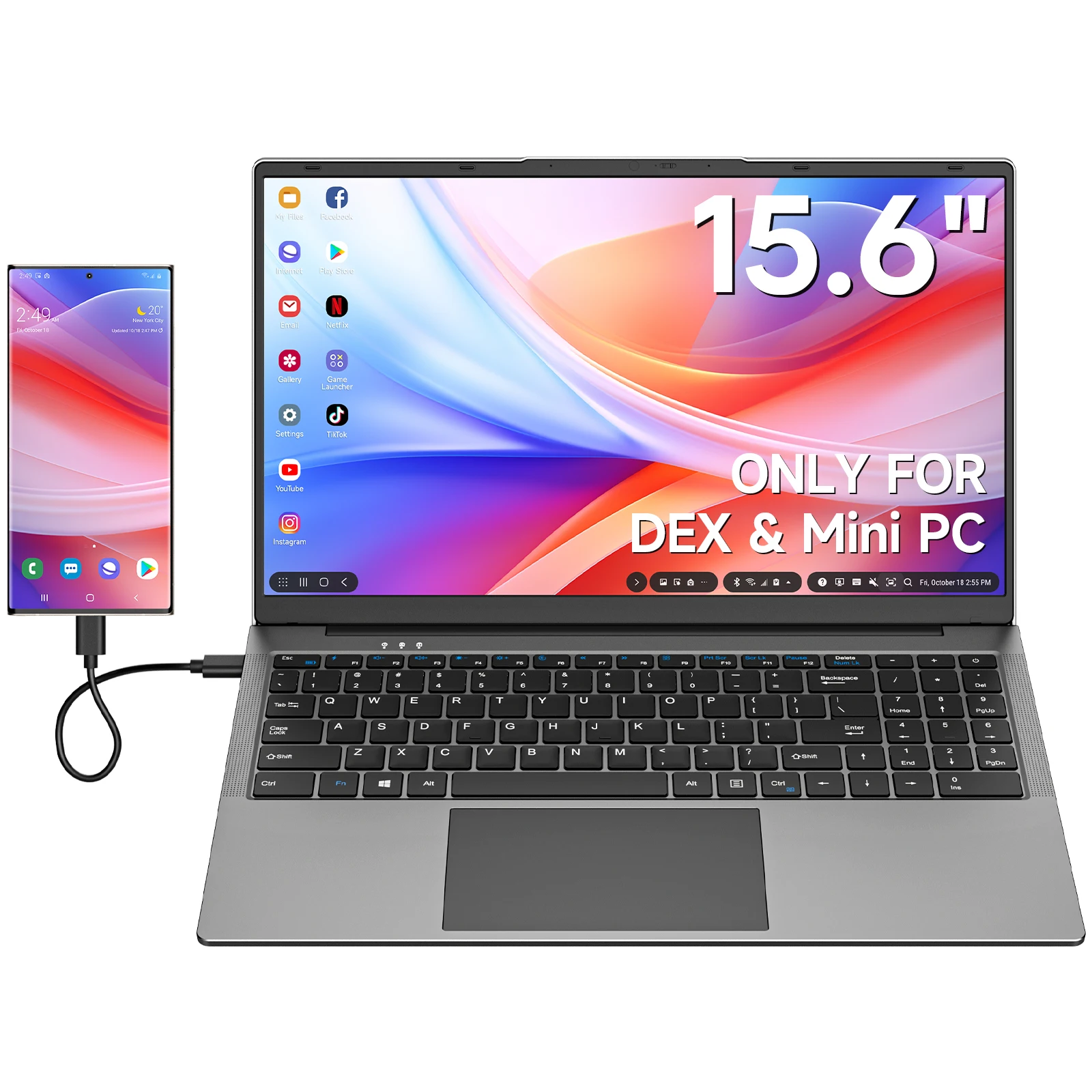 Dopesplay 15,6 Zoll Lapdock für Samsung DeX Mac Mini PC Telefon Tragbarer Monitor mit Tastatur für S24 Z Fold 6 Note 20 Steam Deck Image