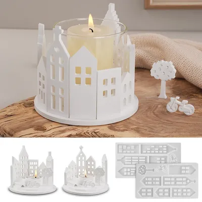House Design Candlestick Silicone Mold DIY Hollow Houses Tea light Candle Holder Crafts Making Kit Plaster Resin Casting Molds