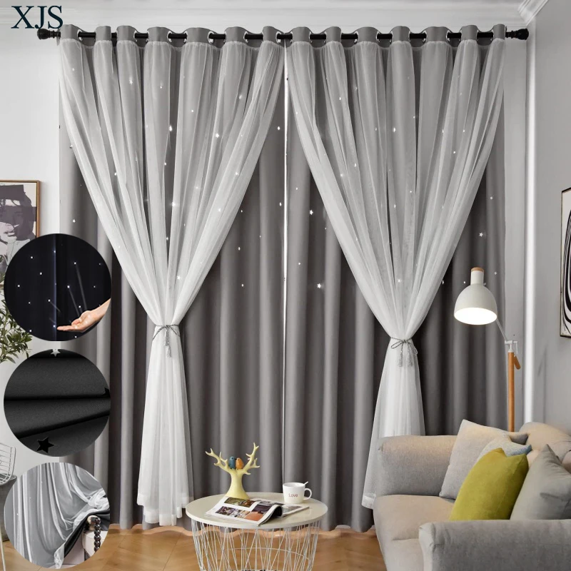 Rideaux occultants pour chambre à coucher, double couche, motif étoile ajouré, à œillets, prêts à poser, pour salon et décoration intérieure