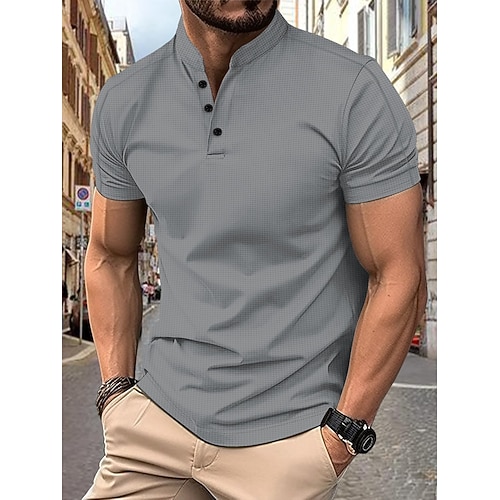 Herren Poloshirts Kragenlose Golfshirts Lässig Stehkragen Kurzarm Basic Bequem Einfach Knöpfe Sommer Frühling Normale Passform Schwarz Weiß Marinenblau Grau Poloshirts Image