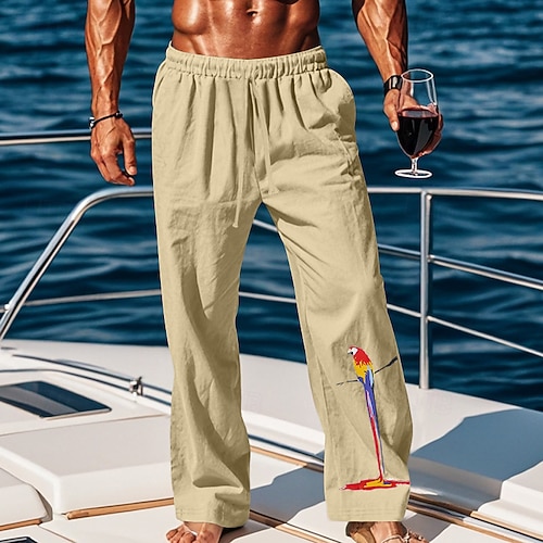 Herren Leinenhose Hose Hosen Sommerhosen Strandhose Kordelzug Elastische Taille Gerade geschnitten Glatt Komfort Atmungsaktiv In voller Länge Casual Täglich Festtage Urlaub Modisch Schwarz Weiß Image