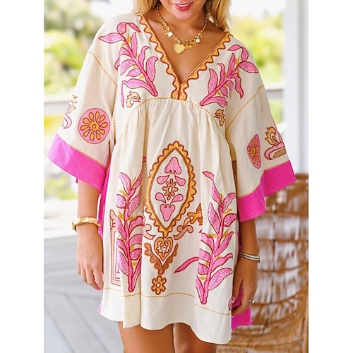 Damen Minikleid Casual kleid Boho-Kleid Böhmen Vintage Brautkleider schlicht Urlaub Täglich Regular Fit Blumen 3/4 Ärmel V Ausschnitt Fuchsie Orange Grün Frühling Herbst Image