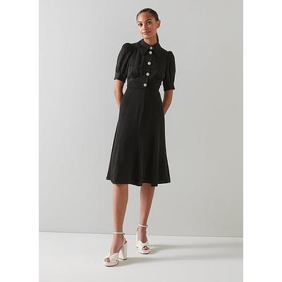 Esme Black Crepe Crystal Button Tea Dress, Black