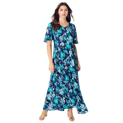 Plus Size Women's Flutter Sleeve Crinkle Dress by Roaman's in Navy Painted Floral (Size 34/36)