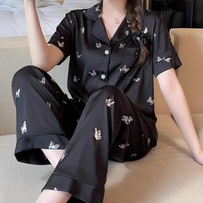 TEMU Elegant Print Pajama Set For Women, Polyester, Short Sleeve Lapel Top & Long Pants, Woven , 95g/m², With Button , For Fall 2024 Collection Image