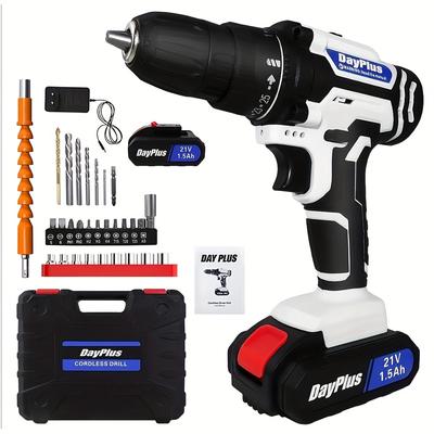 TEMU 21v Cordless Drill Driver Electric Screwdriver Kit Power Drill Set, 2 , 3/8'' Keyless , 25+1 Torque Setting For Home, With 2x Batteries, Fast Charger, 29 Pcs Drill/driver Bits And Storage Case Image