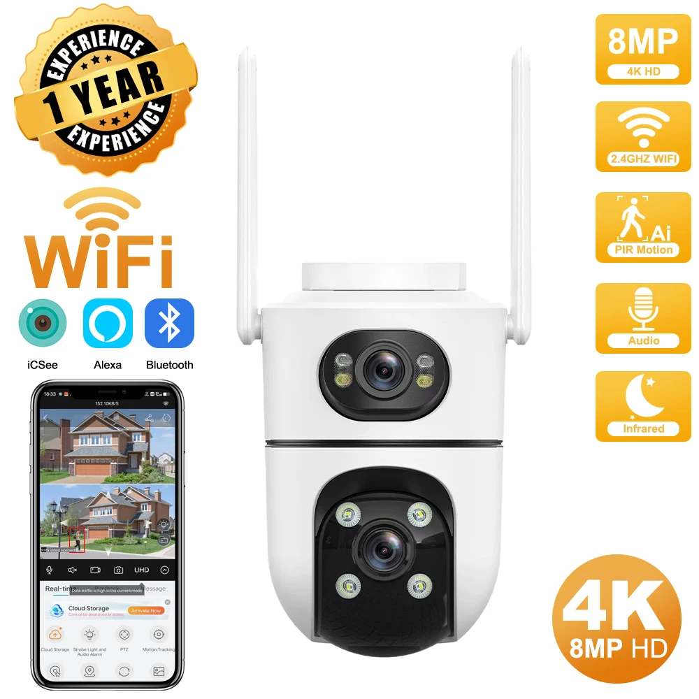 4K 8MP PTZ WIFI Kamera Dual Objektiv Dual Screen IP Kamera Outdoor 4MP HD Auto Tracking Sicherheit Schutz CCTV Überwachung iCSee Image