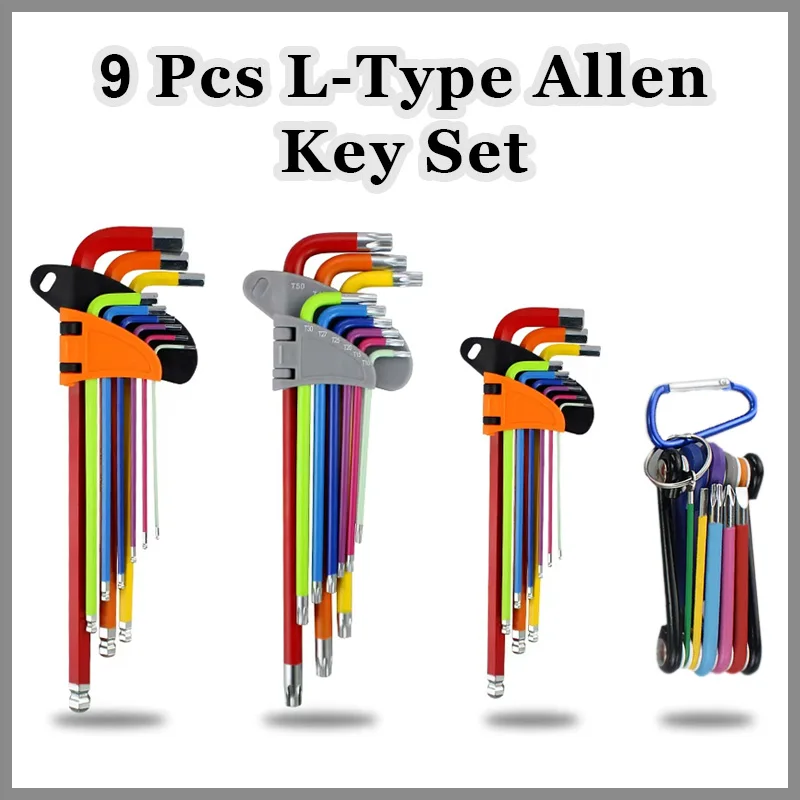 9 pezzi Set di chiavi a brugola tipo L Set di chiavi esagonali Chiave esagonale con estremità a sfera Chiavi a stella Torx Chiave a bussola metrica lunga Kit di utensili manuali