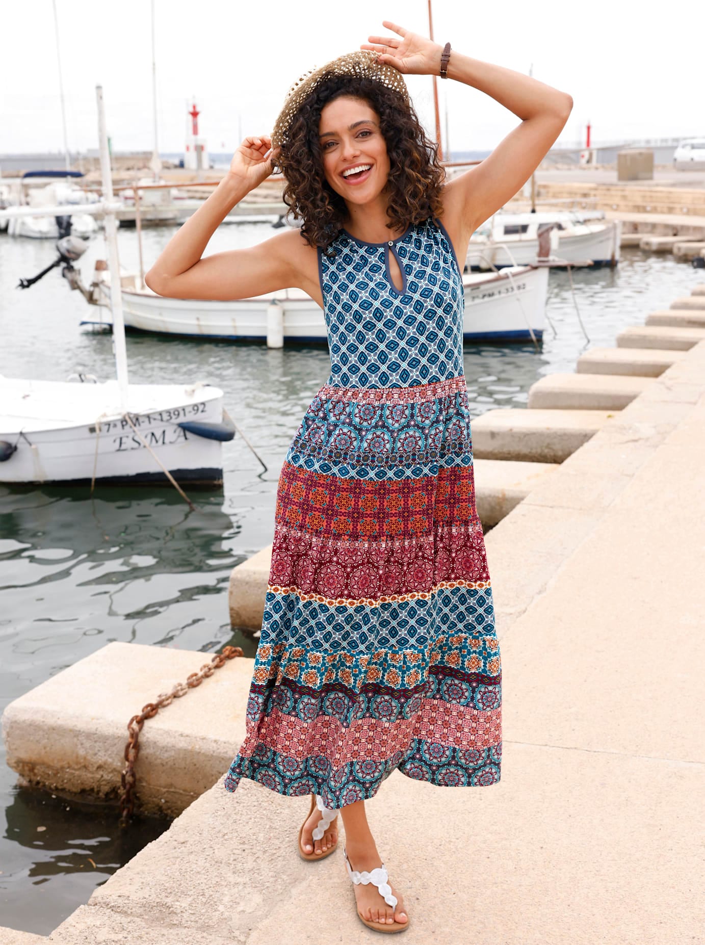 Jerseykleid INSPIRATIONEN "Jersey-Kleid", Damen, Gr. 44, Normalgrößen, bunt (jeansblau, kirsche, bedruckt), Jersey, 95% Viskose, 5% Elasthan, gemustert, mehrfarbig, lang, Rundhals, Kleider Image