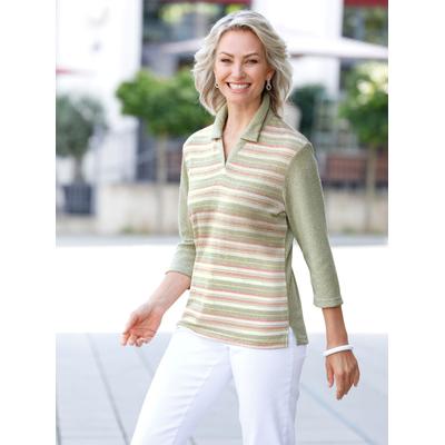 Poloshirt CLASSIC BASICS "Poloshirt", Damen, Gr. 46, grün (lindgrün, flamingo, geringelt), 75% Polyester, 25% Viskose, gemustert, gestreift, 3/4-Ärmel, Shirts Image