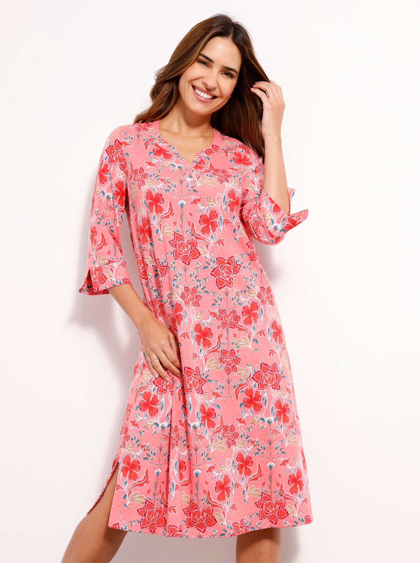 Sommerkleid "Sommerkleid", Damen, Gr. 44/46, Normalgrößen, rosa (flamingo, bedruckt), 100% Baumwolle, geblümt, gemustert, mehrfarbig, kurz, Rundhals, Kleider Sommerkleid