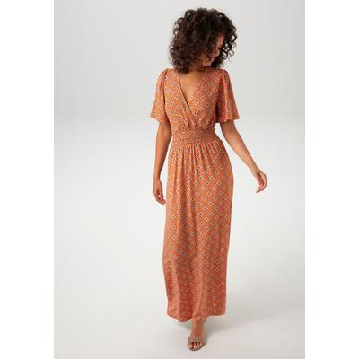 Maxikleid ANISTON CASUAL, Damen, Gr. 44, N-Gr, orange (rotorange, wollweiß, braun, rosa), Single Jersey, Obermaterial: 95% Viskose, 5% Elasthan, bedruckt, gemustert, feminin, figurumspielend knöchellang, V-Ausschnitt, Kurzarm, Kleider, mit... Image
