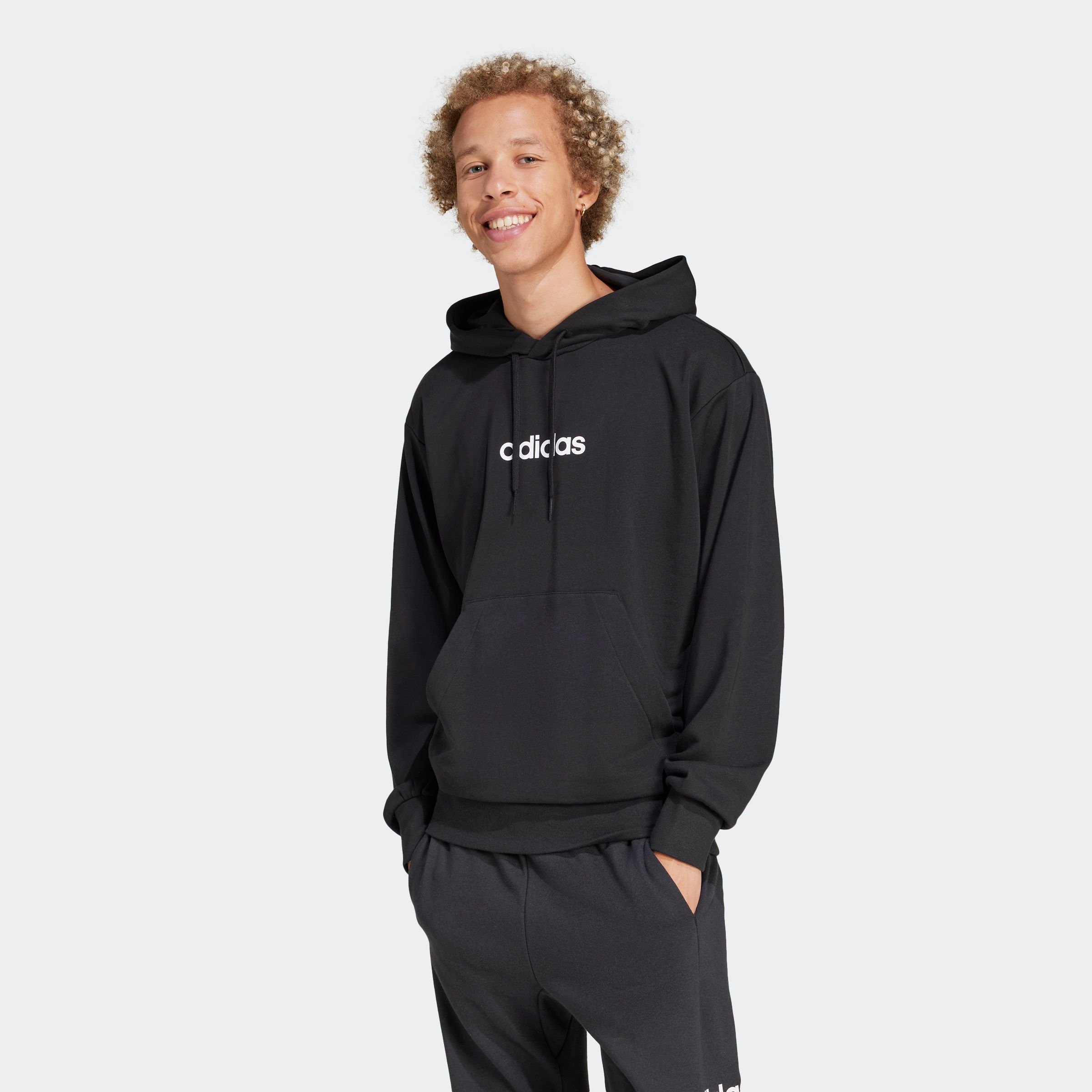 Kapuzensweatshirt ADIDAS SPORTSWEAR "M LIN FT HD", Herren, Gr. M, schwarz-weiß (schwarz, weiß), Obermaterial: 55% Baumwolle, 36% Polyester, 9% Viskose, angesetztes Bündchen, Sweatshirts, für Sportmode und entspannte Aktivitäten, ohne Verschluss
