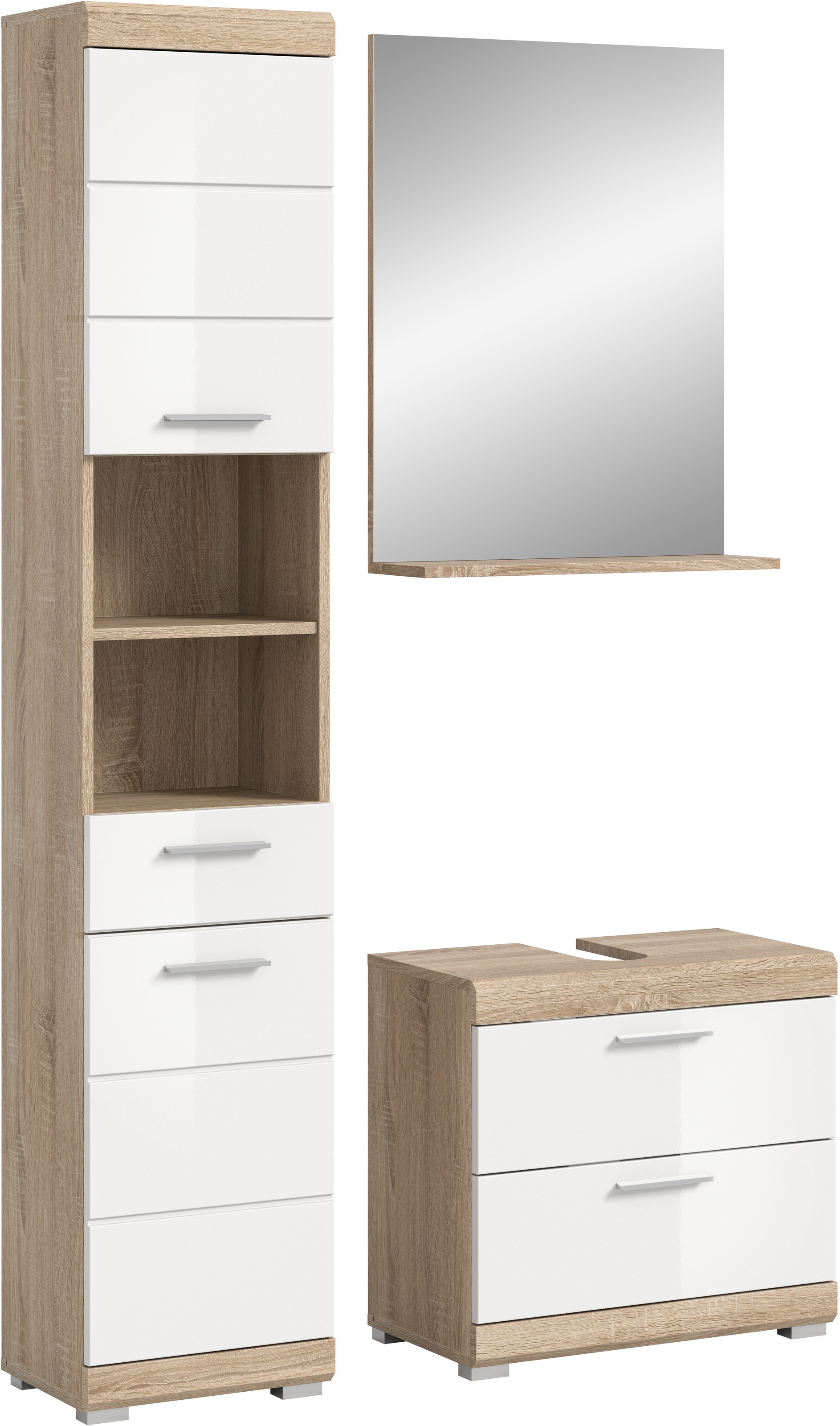 Badmöbel-Set INOSIGN "Siena, 3 teilig, bestehend aus:", weiß (eiche sonoma hell nb, weiß hochglanz mdf tz), B:112cm H:191cm T:34cm, Holzwerkstoff, MDF, Kastenmöbel-Sets, Hochschrank, Waschbeckenunterschrank, Spiegel Image