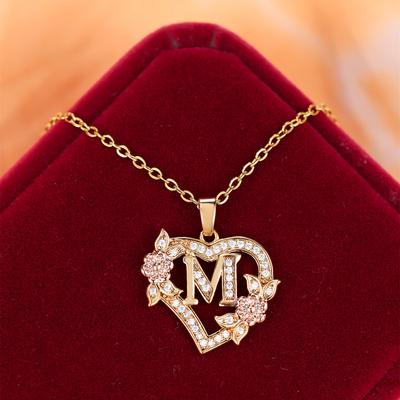 TEMU 1pc Vintage Elegant Copper Heart-shaped Pendant Necklace With Rose , Synthetic Zirconia, Wedding Banquet, Valentine's Day Gift For Women Image
