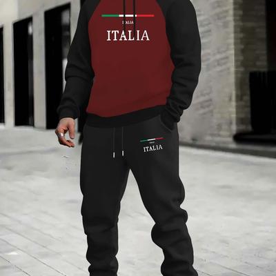 TEMU 2pcs Men's Casual Sports Hooded Sweatshirt And Joggers Set, Italy Print, Polyester Knit Fabric, Regular Fit, With Stretch, For Fall/winter Tracksuit, Image