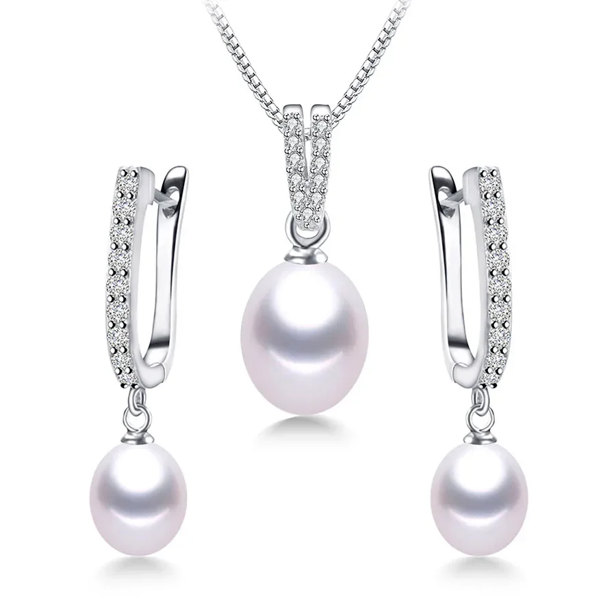 YWYC Ferro di cavallo 8-9mm Orecchini e collane di perle d'acqua dolce di riso Set di gioielli per donna Collana con pendente in argento sterling 925 da 45 cm