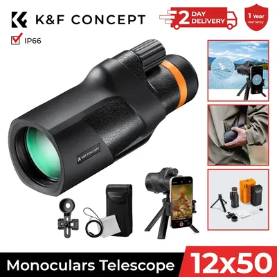 K&F Concept 12X50 Monocular Telescope Waterproof BAK4 Prism Lens HD Monocular for Camping Traveling with Phone Holder Tripod