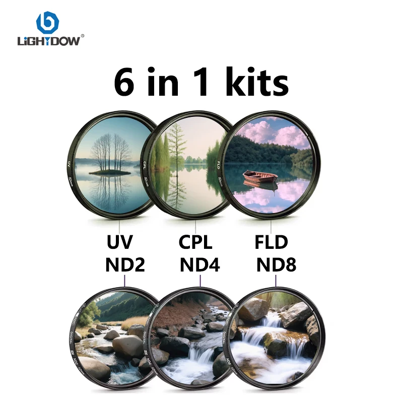 Lightdow UV+CPL+FLD+ND 2 4 8 Kameraobjektivfilter 6-in-1-Kits 49 mm 52 55 58 62 67 72 77 82 mm Kit für Cannon Nikon Sony Kameraobjektiv Image